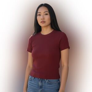 HOUSE Ribbed Short Cotton Sleeve Tee in Wine Red Size S